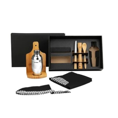 Kit para Caipirinha em Bambu / Madeira com Avental e Bandana 0,35 L 8 Pçs Personalizado