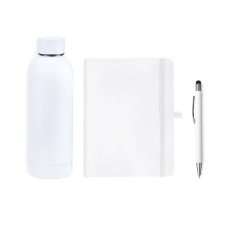 Kit Garrafa, Caderno e Caneta Branco 3 Pçs Personalizado