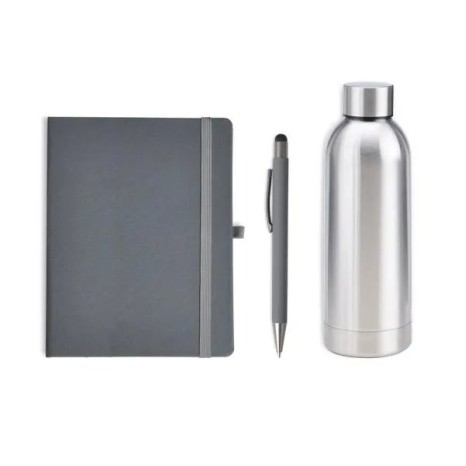 Kit Garrafa, Caderno e Caneta Cinza/Prata 3 Pçs Personalizado