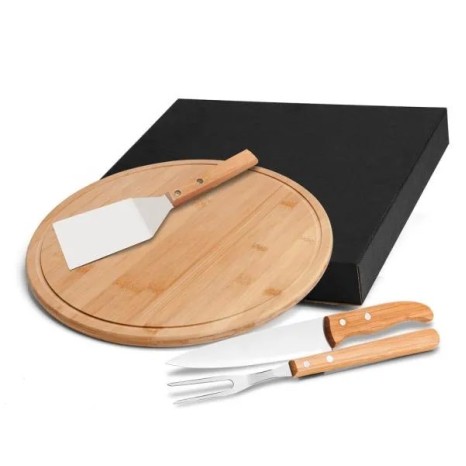 Conjunto para Churrasco e Pizza em Bambu / Madeira / Inox 35cm 4 Pçs, Personalizado