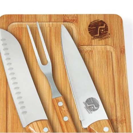 Conjunto para Churrasco em Bambu /Madeira / Inox Dallas 4 Pçs Personalizado