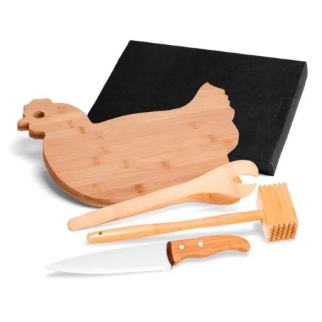 Kit para Cozinha em Bambu com Tábua Formato Galinha Personalizado