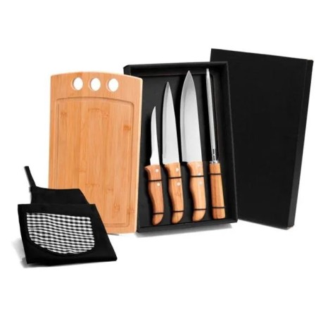 Kit para Cozinha em Bambu / Madeira / Inox com Avental 6 Pçs Personalizado