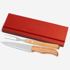 Conjunto de Garfo e Faca Inox / Madeira / Bambu com Estojo Vermelho 3 Pçs Personalizado