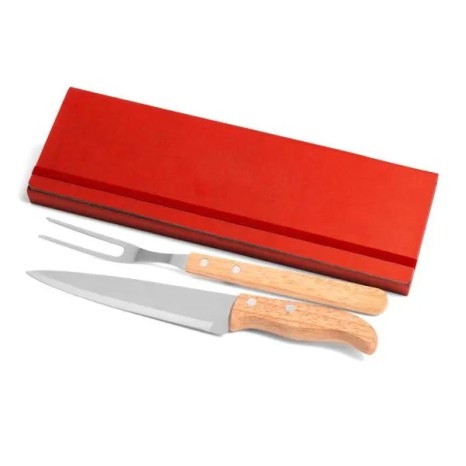 Kit Garfo e Faca Inox / Madeira com Estojo Vermelho 3 Pçs Personalizado