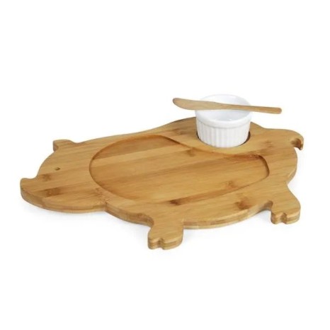 Kit Petisco em Bambu / Porcelana com Tábua Formato Porco Personalizado